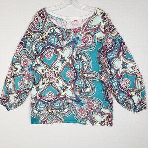 Chico's Knit Top Paisley Damask Print Balloon Sleeves Rayon Blend size 2/L